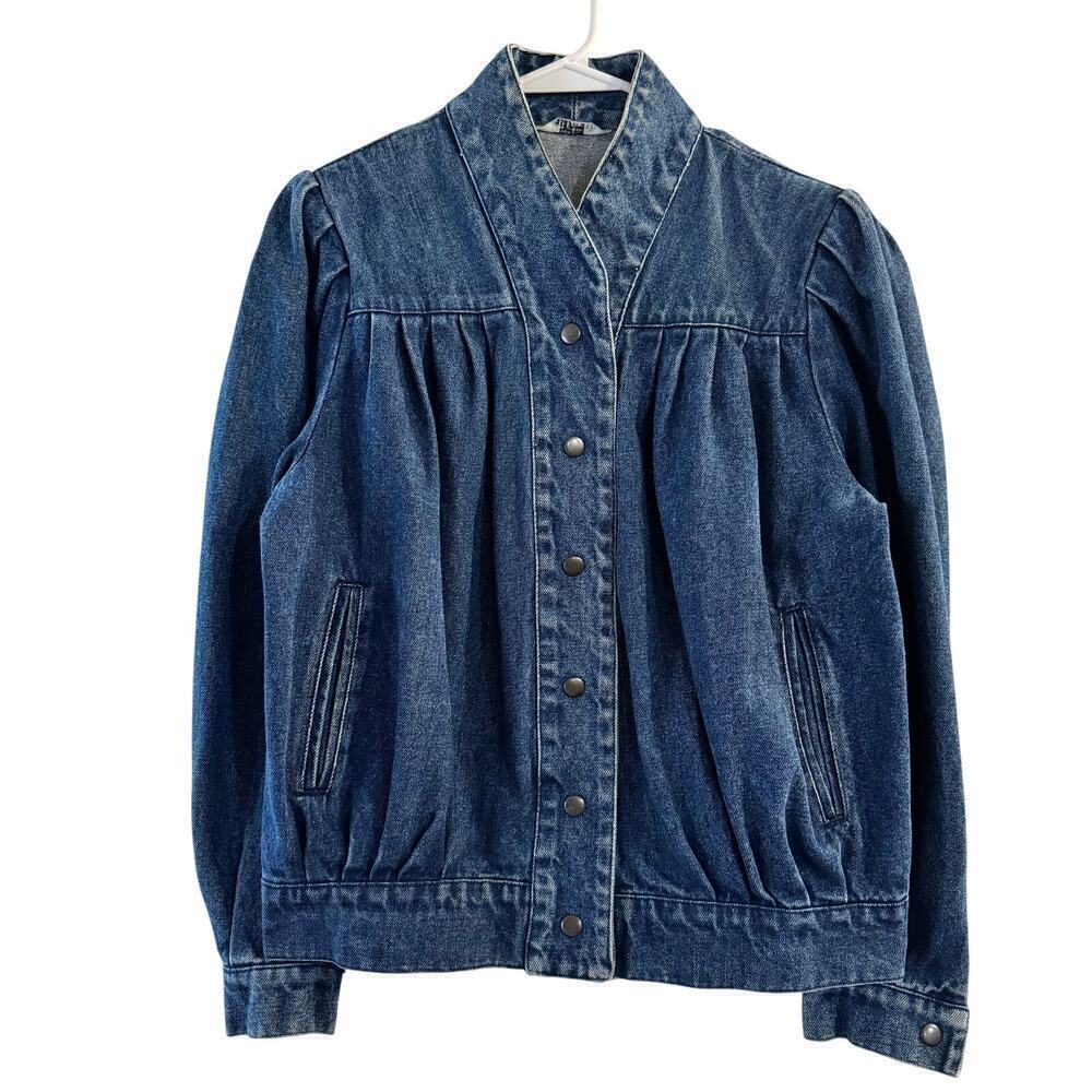 Vintage 80’s Young Rebels Pleated Puff Sleeve Snap Closure Jean Jacket Sz Large